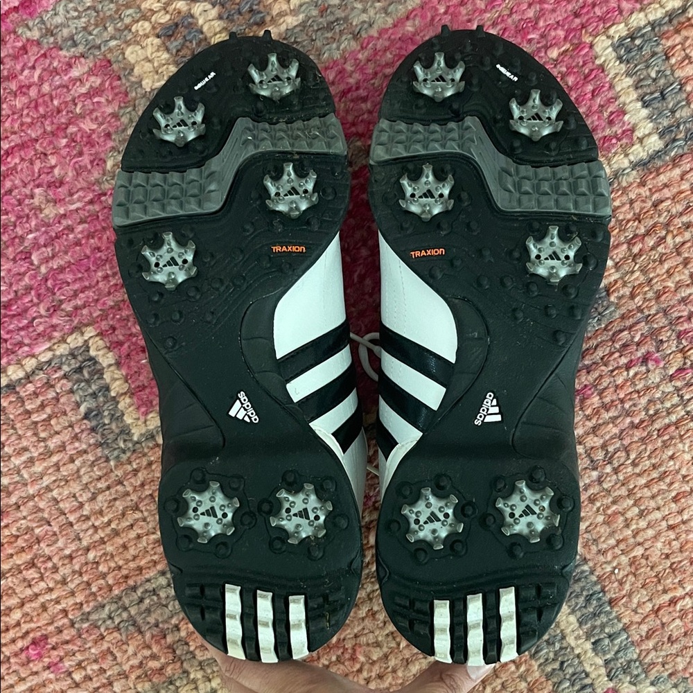 adidas White and Black Men's Golf Shoes with Signature Three Stripes - Picture 4 of 5